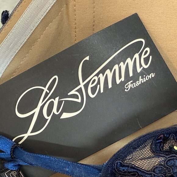 La Femme Formal Gown Cocktail Dress Blue Lace Hi Low Mesh Y2K Back Strapless 6 - Picture 11 of 15